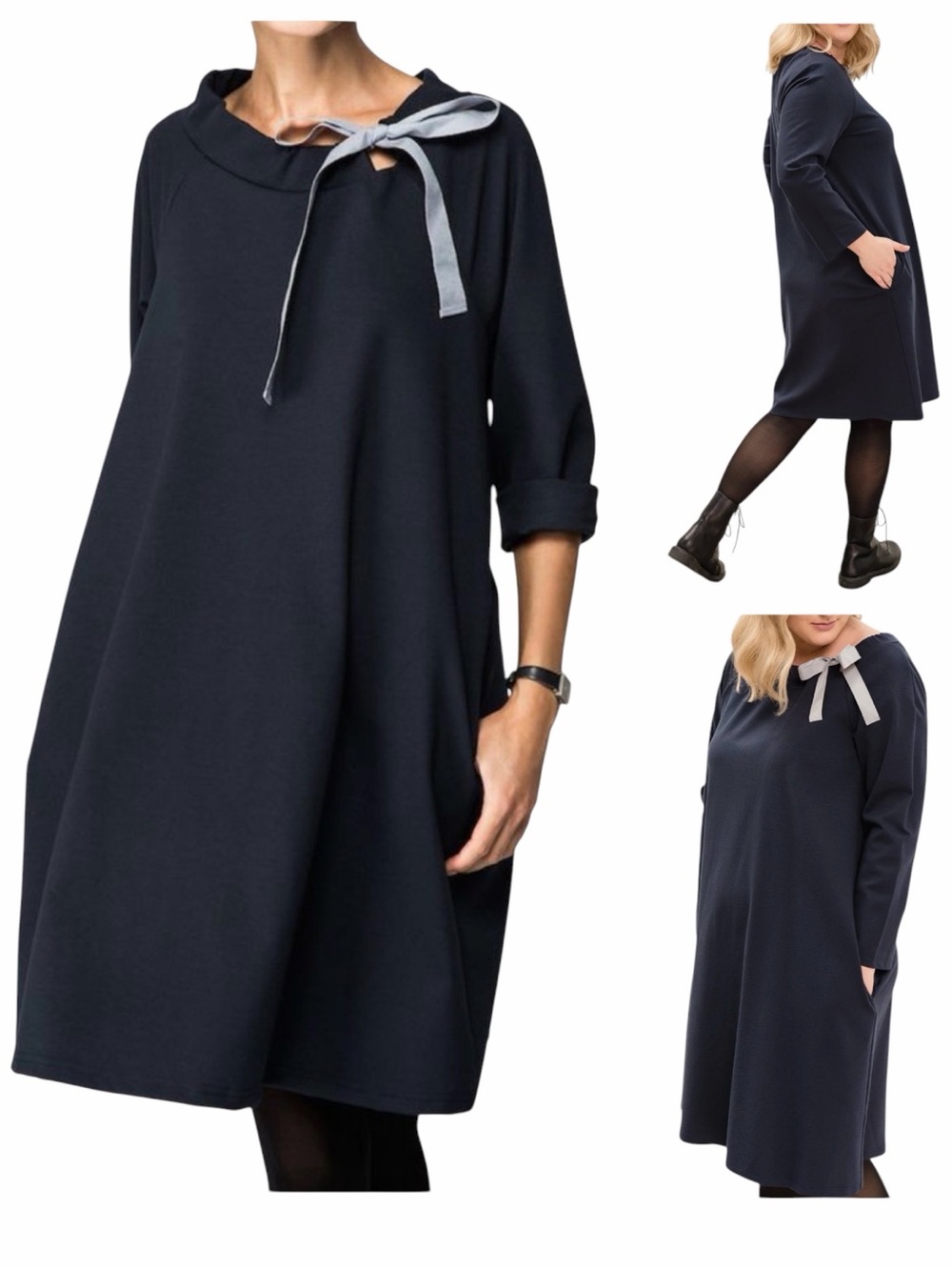 Le Muse French Italian Punto Milano Ribbon Neck Dress Pockets Navy Size XL